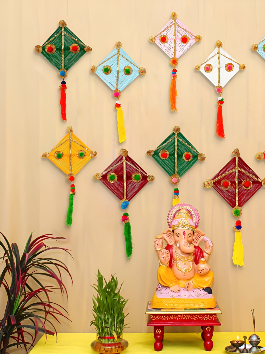 eCraftIndia Red & Yellow 10 Pieces Woollen Kite Hanging Festive Decor