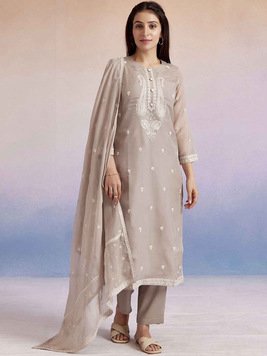 Jaipur Kurti Paisley Embroidered Straight Kurta With Trousers & Dupatta