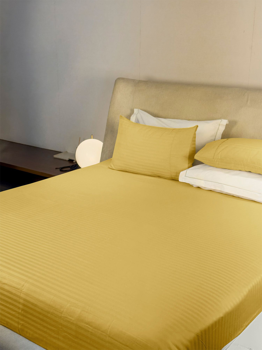 LABHAM Simple Living Yellow Striped 210 TC Satin King Bedsheet With 2 Pillow Covers