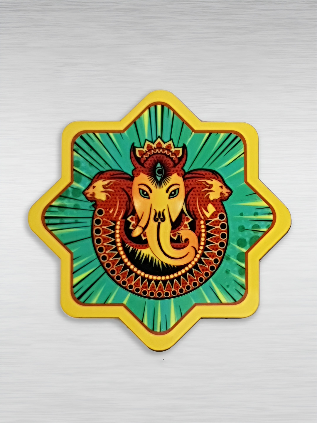 MAATIR DESIGNS Green & Brown Printed Wooden Pop Art Ganesh Fridge Magnet