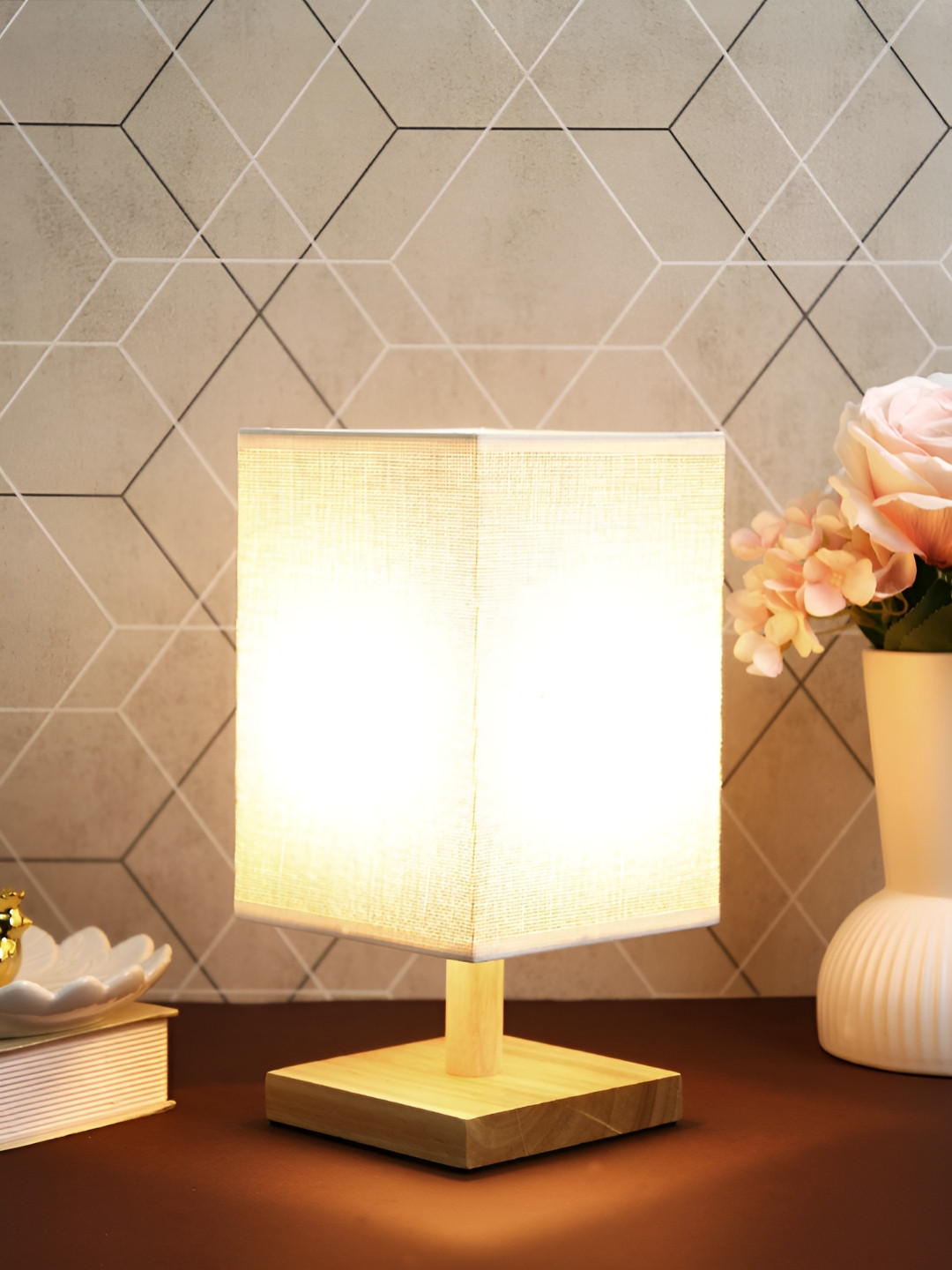 TAYHAA Cream & Brown Wood Contemporary Square Table Lamp