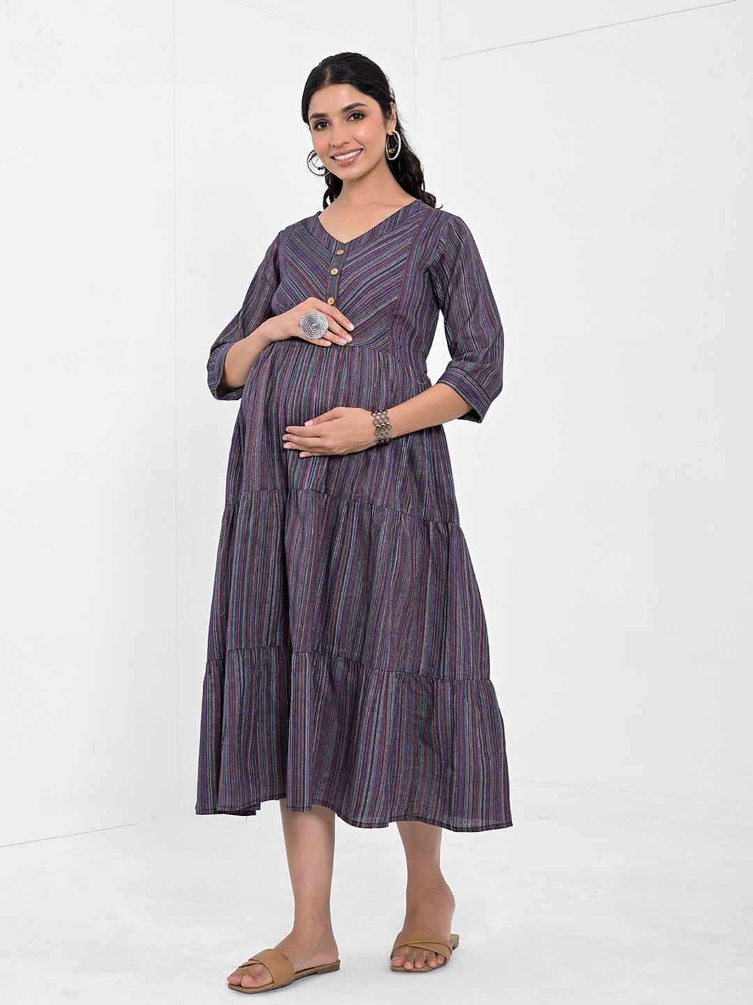 Negen Cotton Maternity Striped V-Neck Fit & Flare Midi Dress