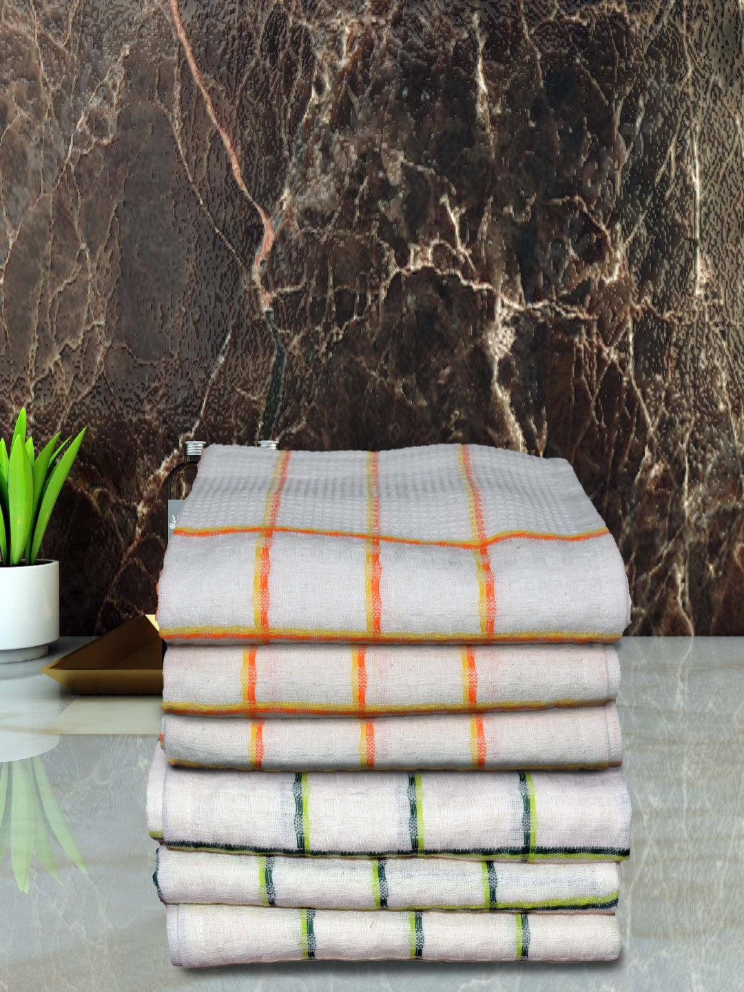 Aura White and Orange-Colored 6 Pieces Checked Cotton 210 GSM Hand Towels