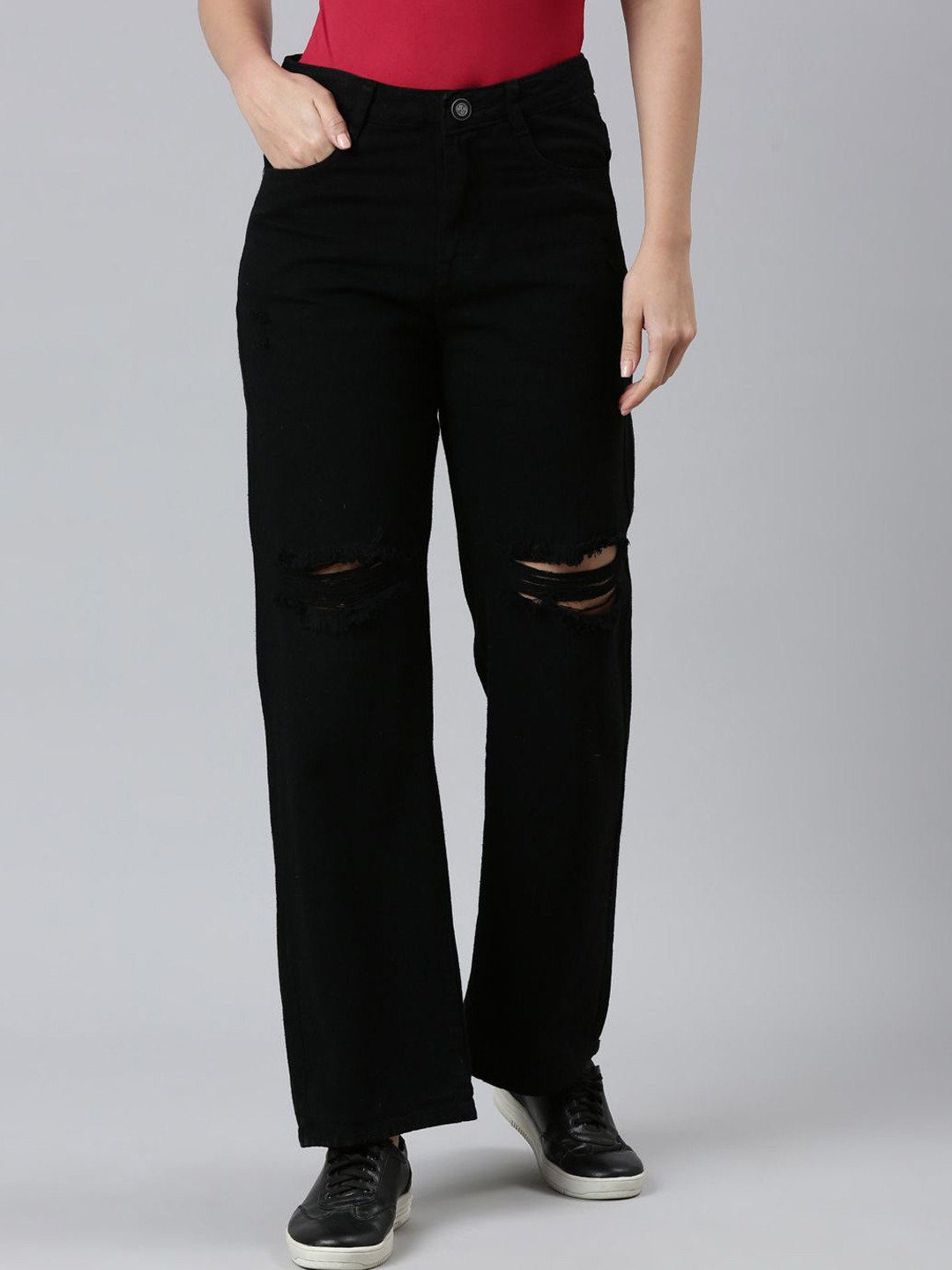 ZHEIA Women Wide Leg High-Rise Highly Distressed Jeans