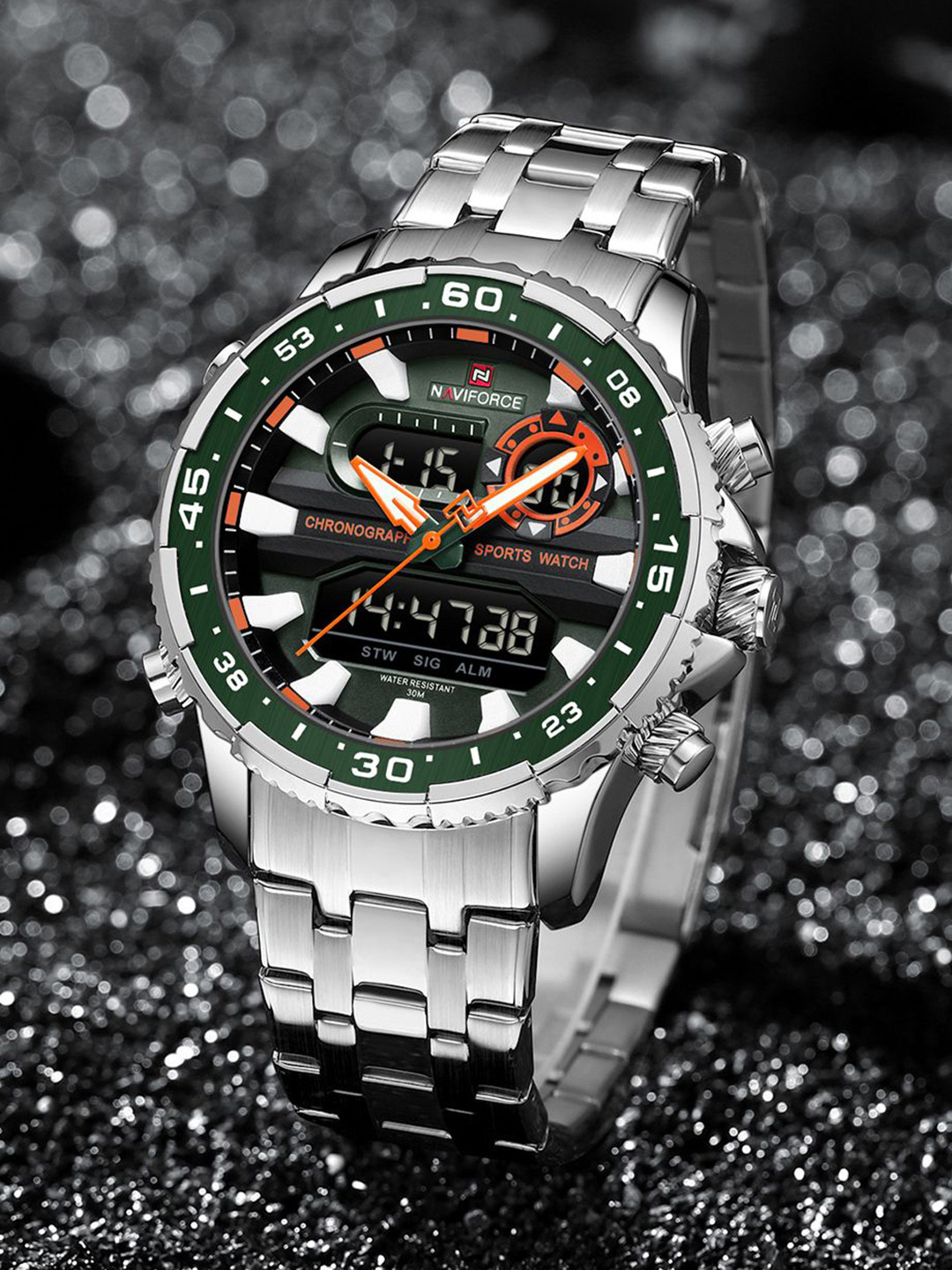 Naviforce Men Brass Dial & Stainless Steel Straps Analogue and Digital Multi Function Watch NF9234 SGNS