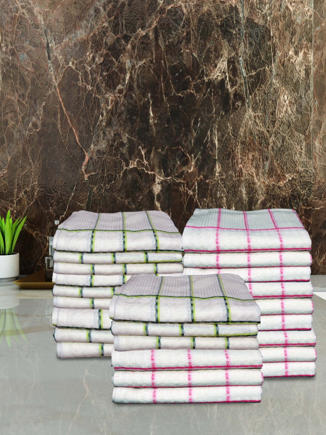 Aura White & Pink 24 Pieces Checked Hand Towels