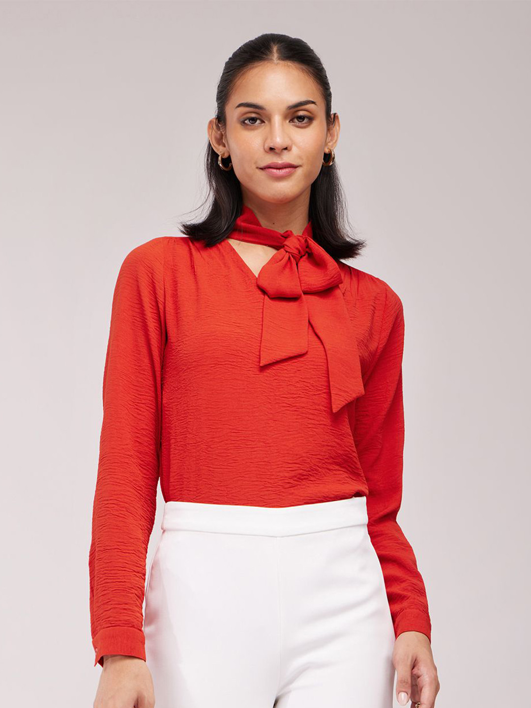 FableStreet Women Solid V-Neck Orange Top