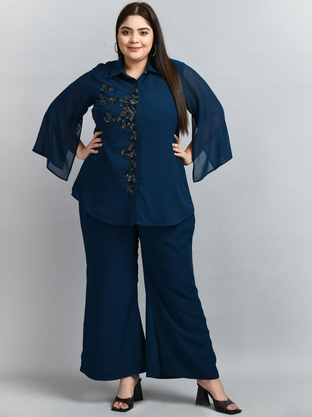 DesiNoor.com Plus Size Embellished Shirt & Palazzos
