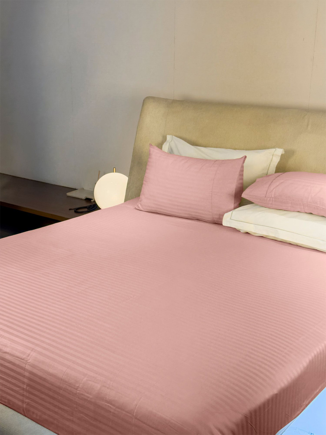 LABHAM Simple Living Rose Gold Striped Satin 210 TC King Fine Bedsheet with 2 Pillow Covers-108 x 108 inches