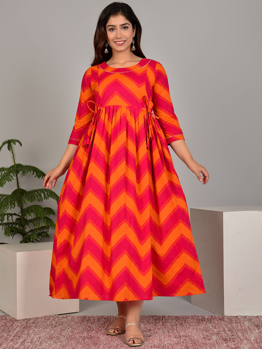MURLI KURTI Geometric Printed Gotta Patti Fit & Flare Midi Cotton Maternity Ethnic Dress
