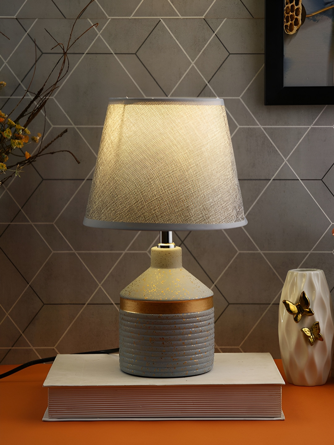 TAYHAA Grey Textured Ceramic Contemporary Frusturical Shaped Table Lamp