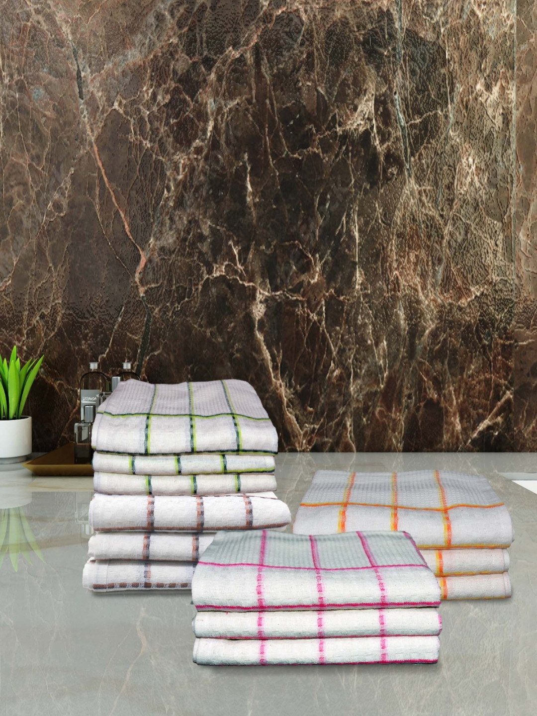 Aura White and Pink 12 Pieces Checked Cotton Hand Towels