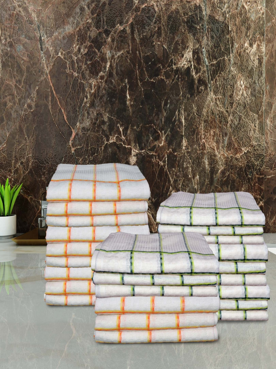Aura White and Orange 24 Pieces Checked Cotton 210 GSM Hand Towels
