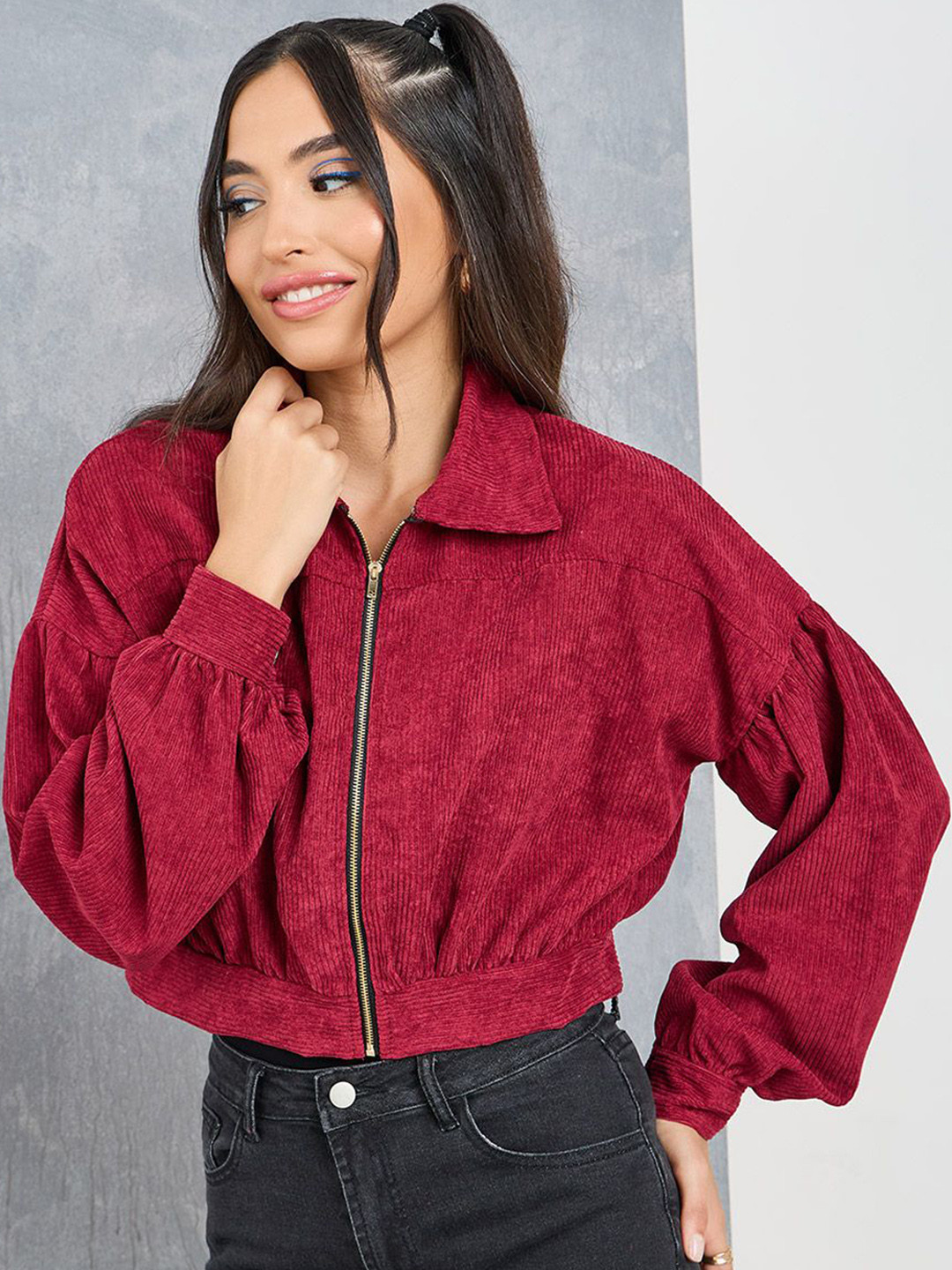 Styli Women Drop Shoulder Zip Up Corduroy Jacket