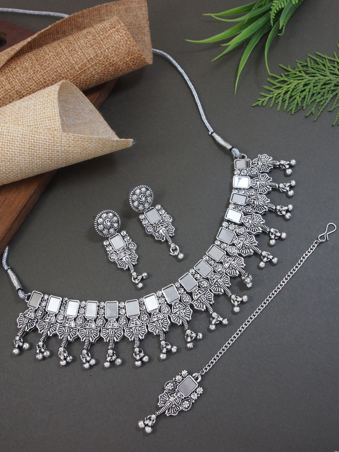 I Jewels Silver Plated Oxidised Mirror Work Jewellery Set