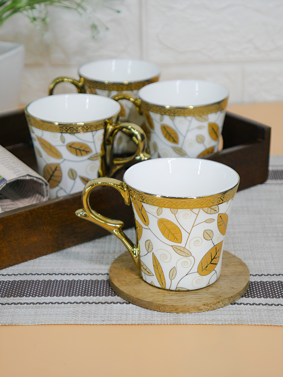 Femora Gold Design Gold Leaf Ceramic Handmade 4 Piece Cups-160ml