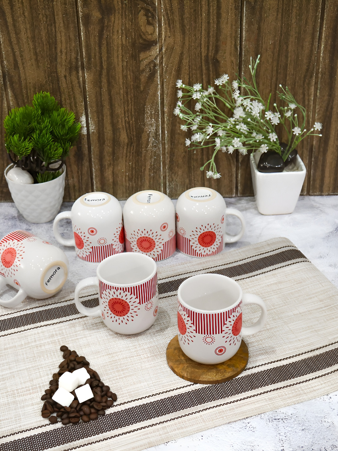 Femora Premium & Golden Design Red Floral Ceramic Handcrafted 6 Piece Cups-180ml