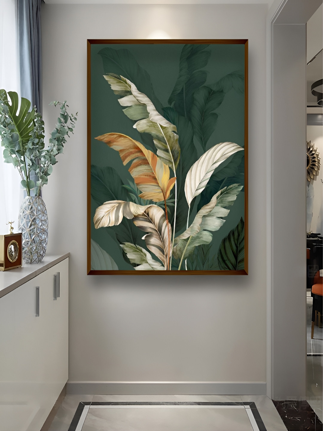 Artsense Green & White Feather Canvas Painting Wall Art