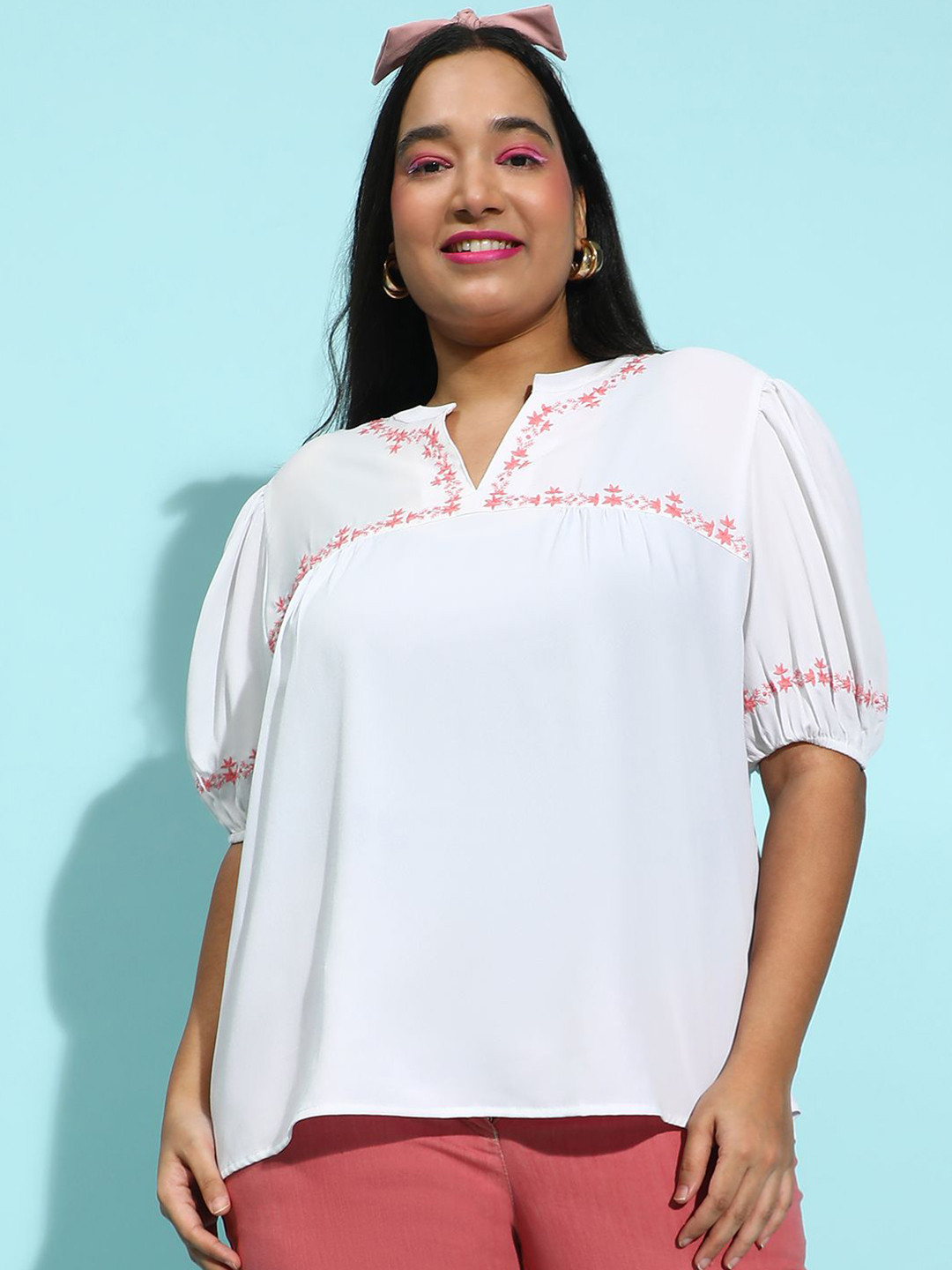 Oxolloxo Puff Sleeve Crepe Blouson Top