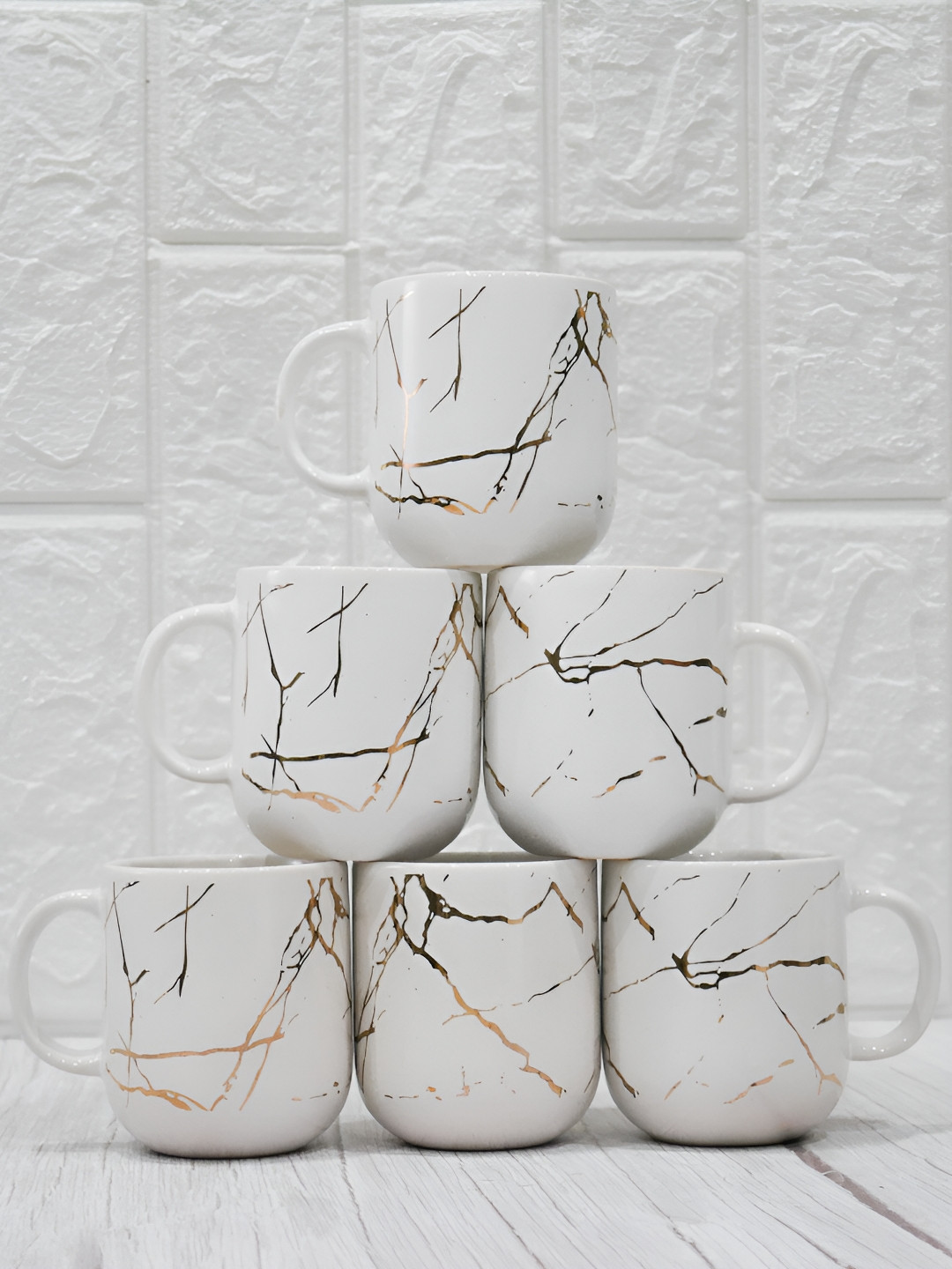 Femora White Abstract Ceramic Microwave Safe 6 Piece Mugs-180ml