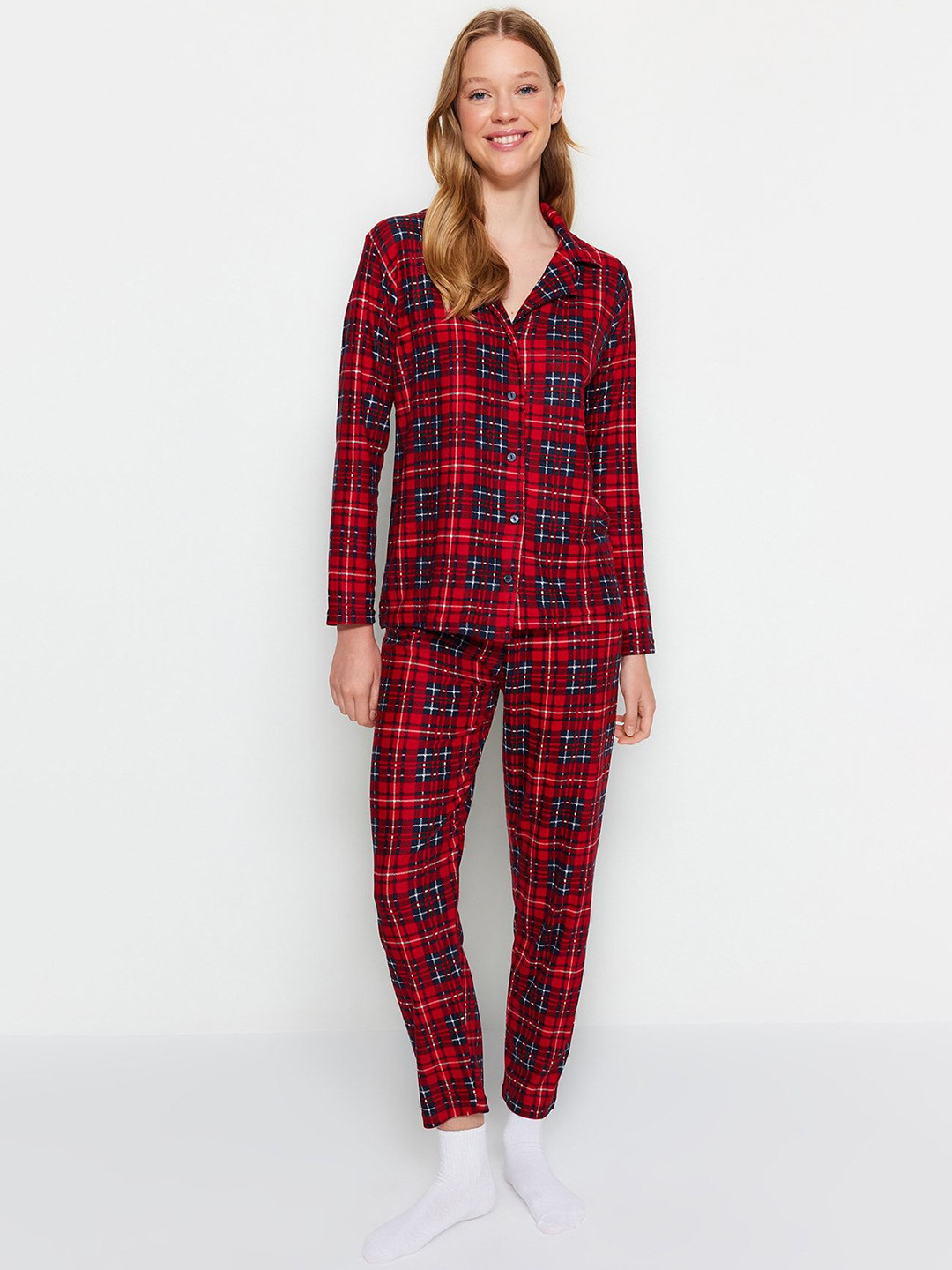 Trendyol Women Checked Printed Lapel Collar Night suit