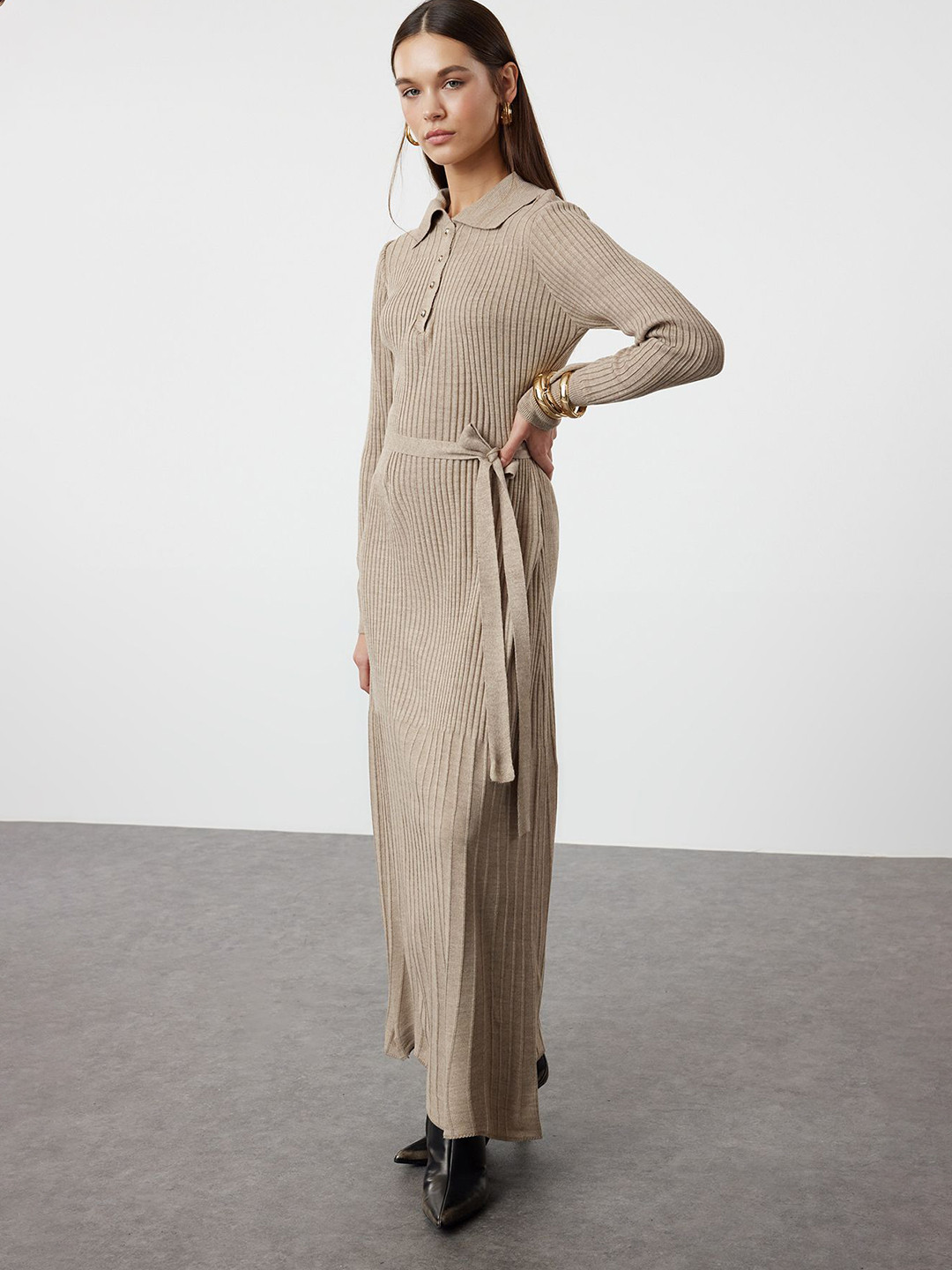 Trendyol Women Striped Shirt Collar Maxi Dress