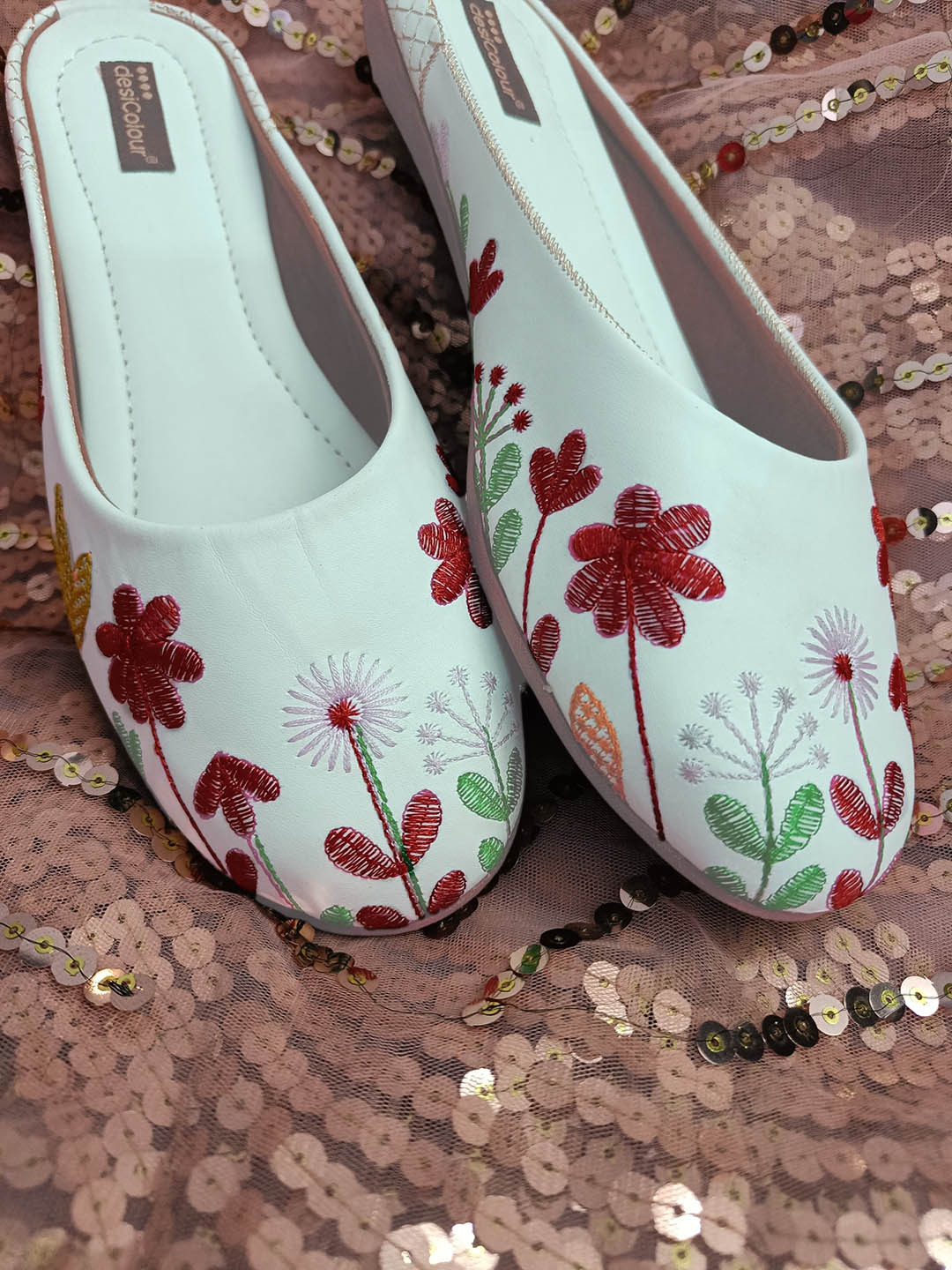 DESI COLOUR Women Printed Ethnic Mules with Embroidered Flats