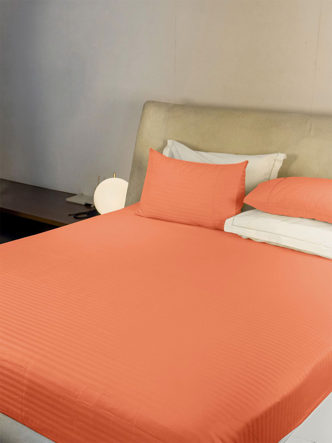 LABHAM Simple Living Orange Striped 210 TC Satin King Bedsheet With 2 Pillow Covers