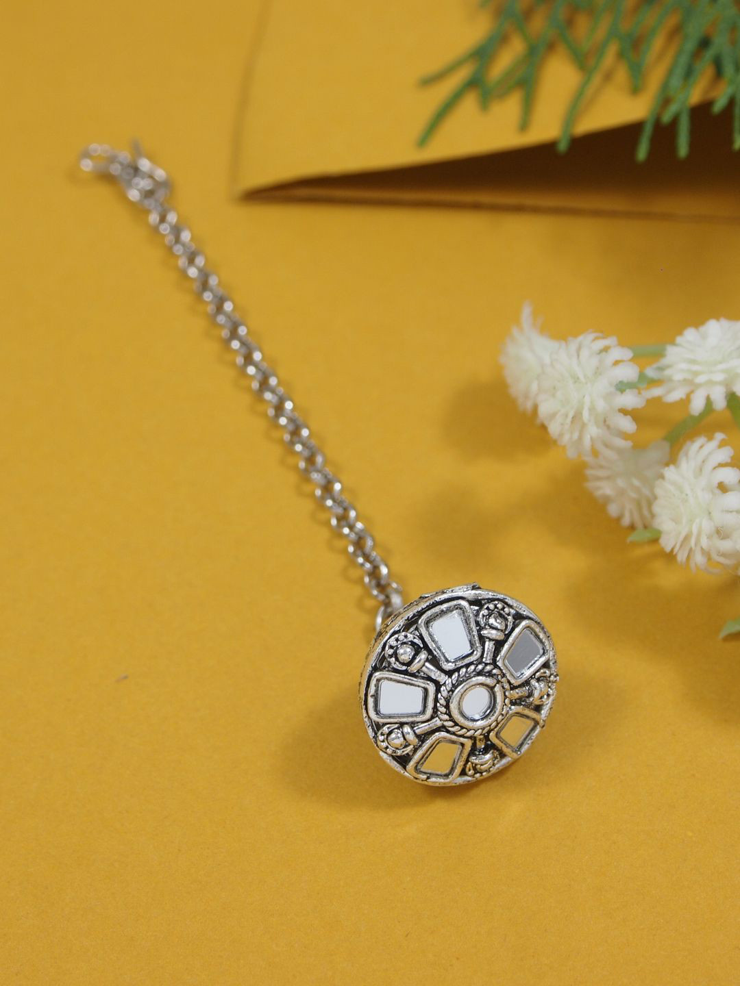 I Jewels Silver-Plated Ethnic Textured Oxidised Mirror Work Maang Tikka