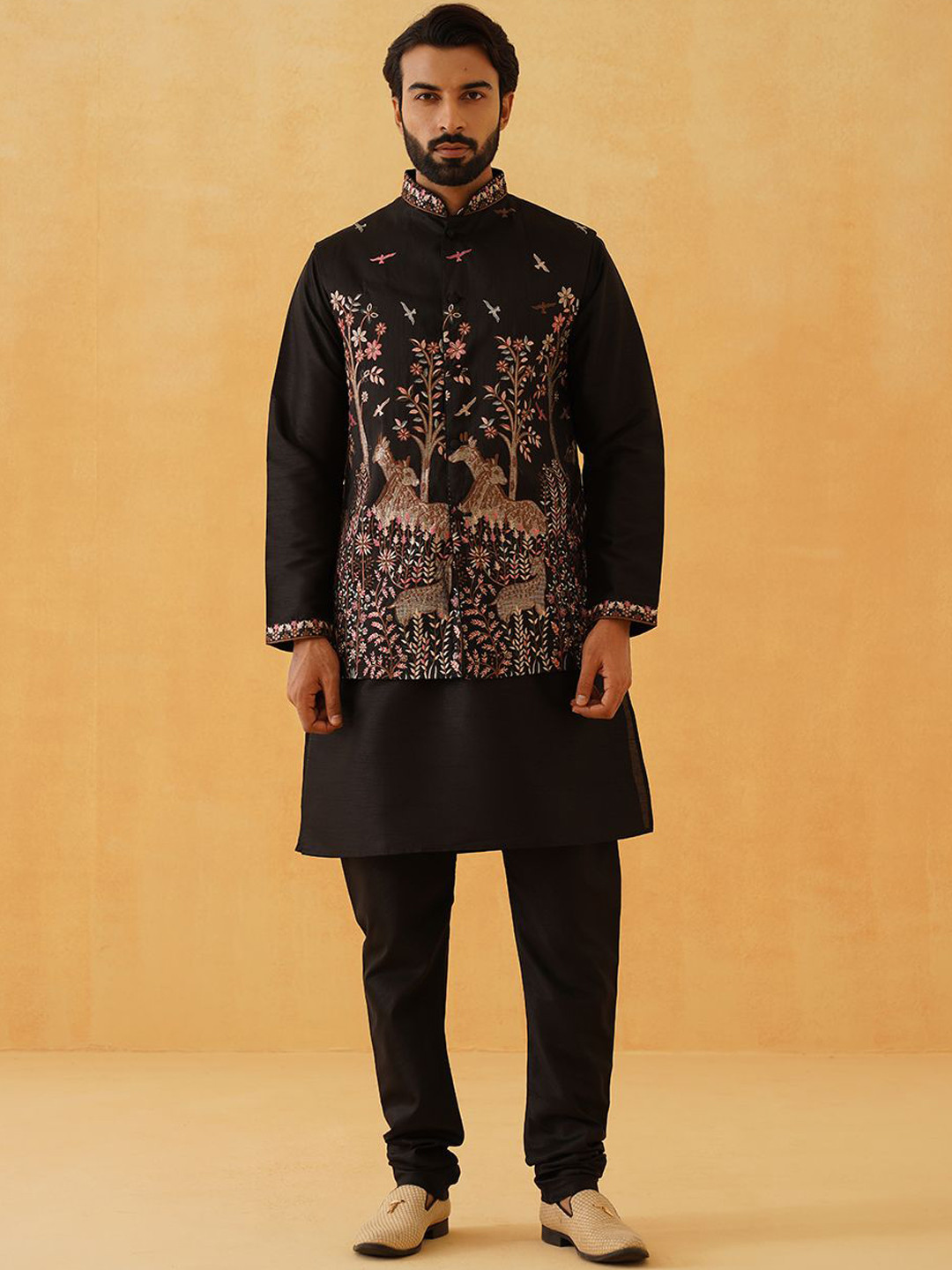 SOJANYA LUXE Thread Work Silk Cotton Straight Kurta with Pyjamas & Nehru Jacket