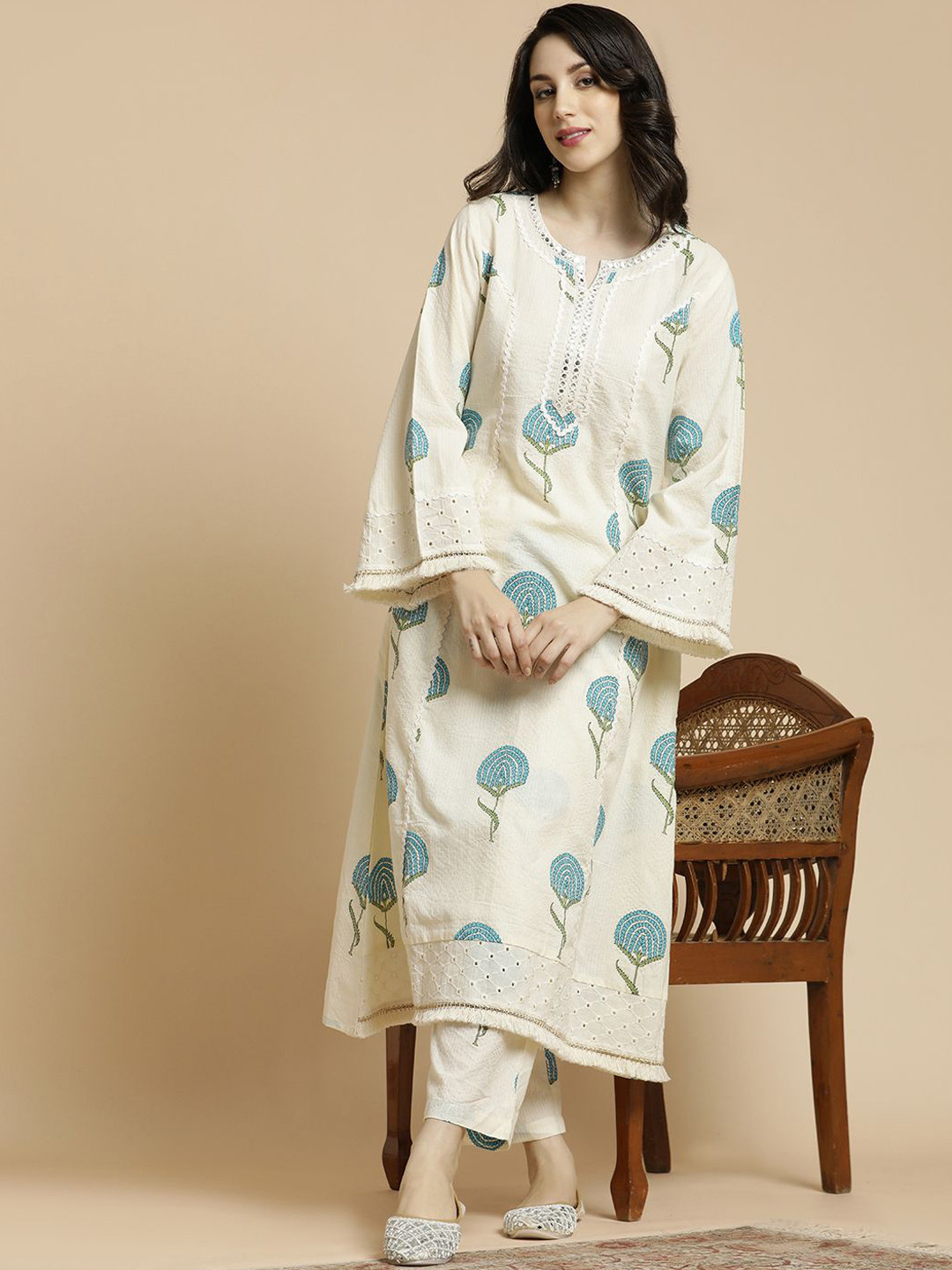 Anouk Off-White & Blue Floral Printed Notch Neck Thread Work Cotton A-Line Kurta & Trouser