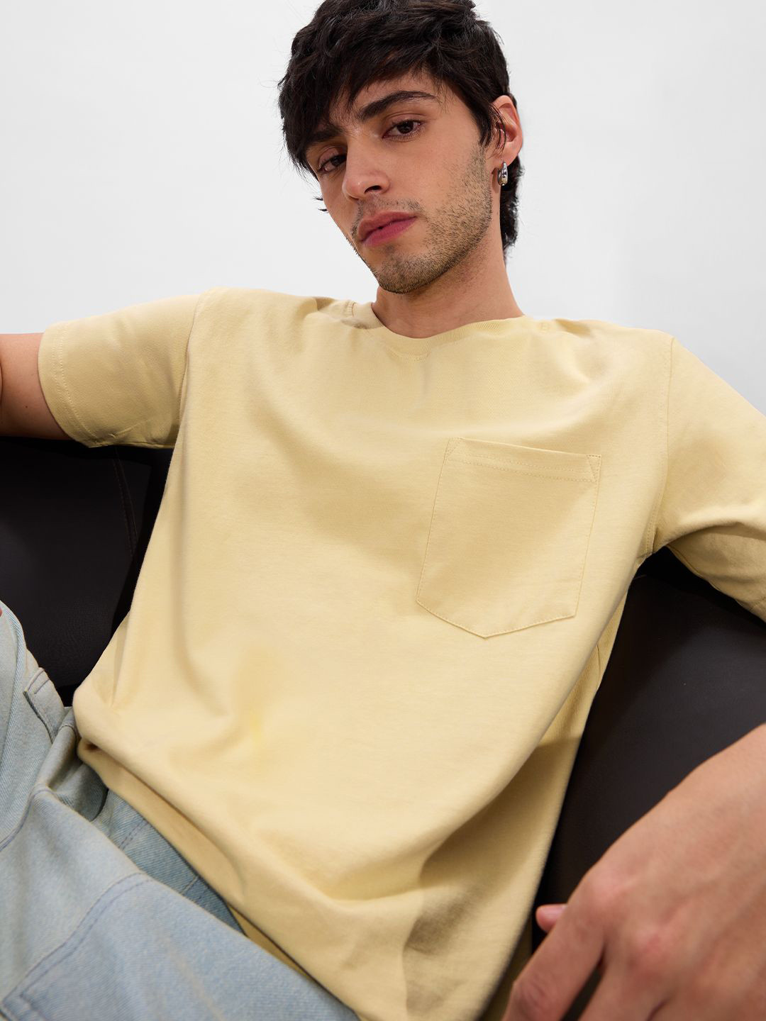 The Souled Store Men Solids: Seashell Cream Regular Fit T-Shirt