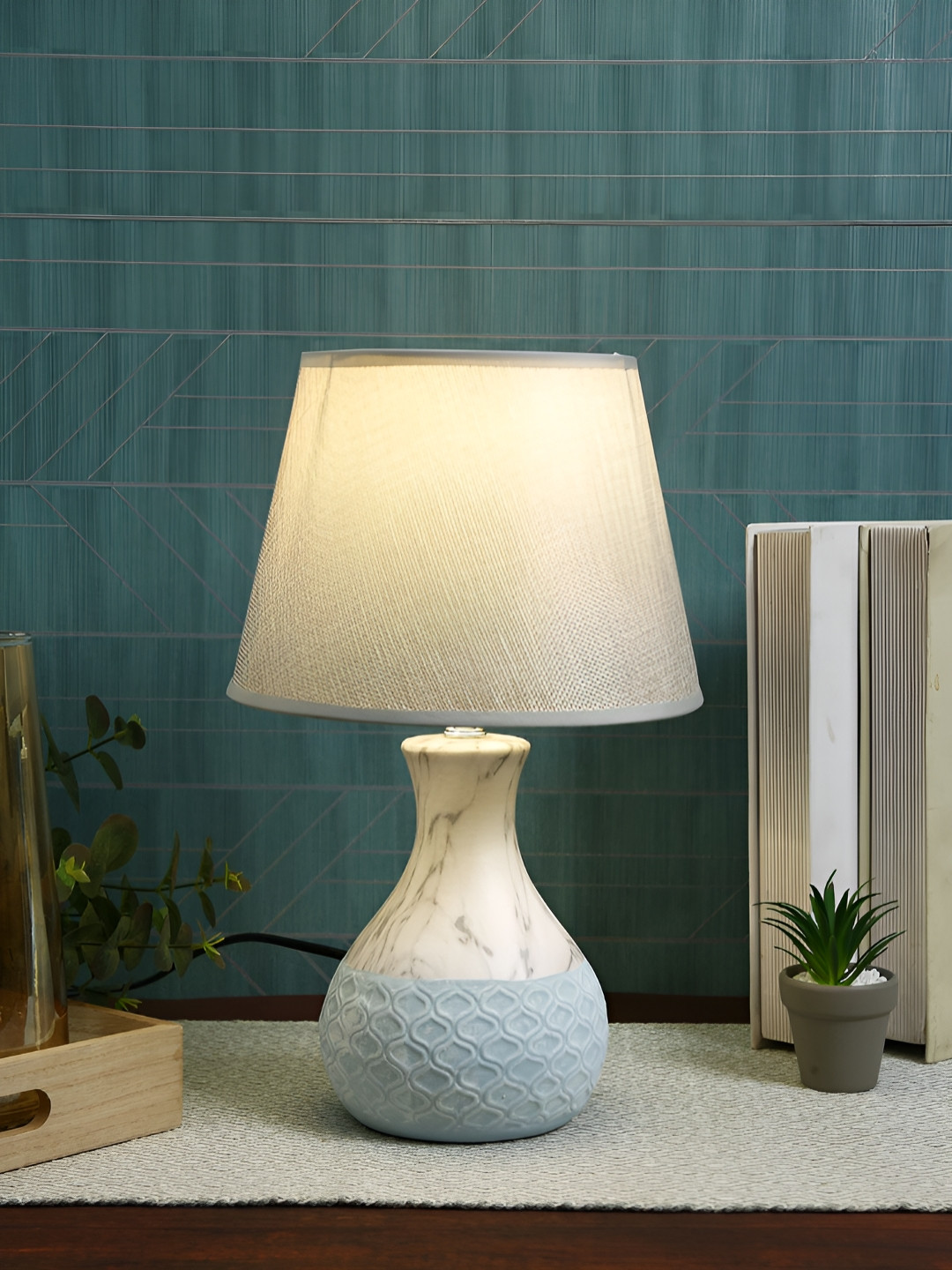 TAYHAA Grey & Blue Textured Ceramic Contemporary Frusturical Shaped Table Lamp
