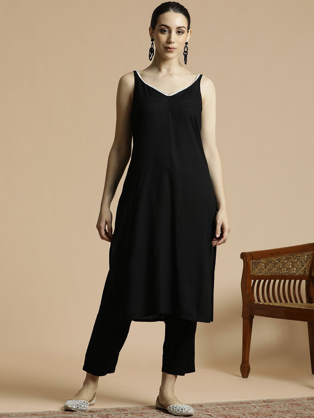 Anouk Black Shoulder Straps Thread Work Kurta with Trousers