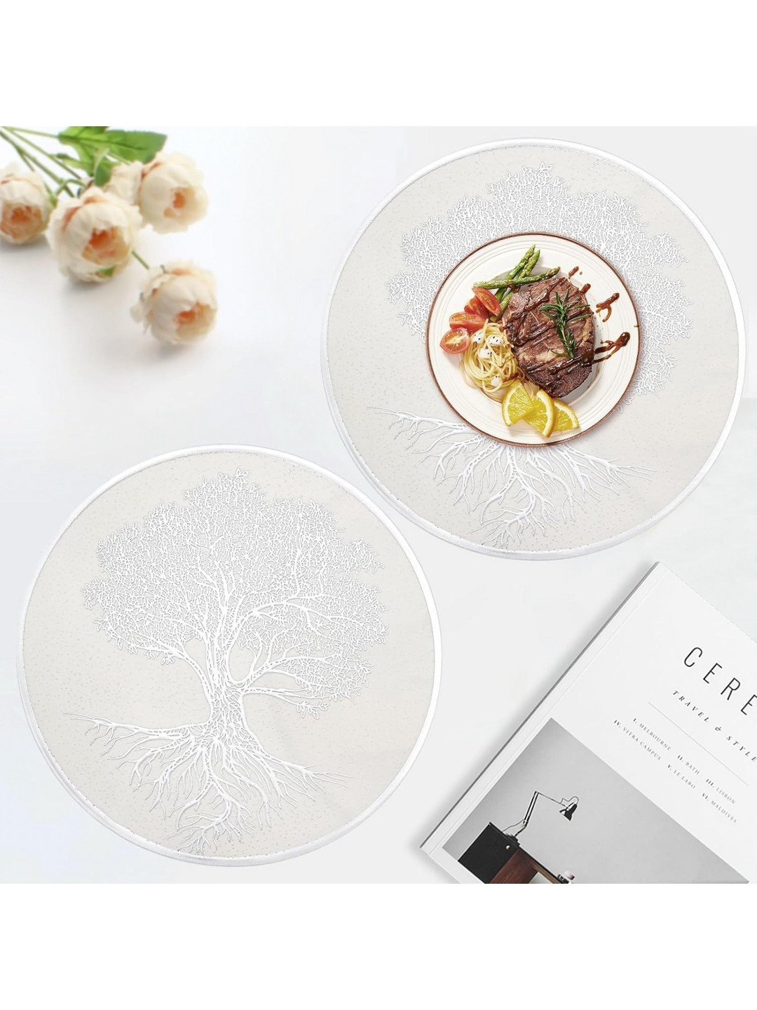 LooMantha Silver-Toned & White 2 Pieces Tropical Printed L-Pressing Round Table Placemats