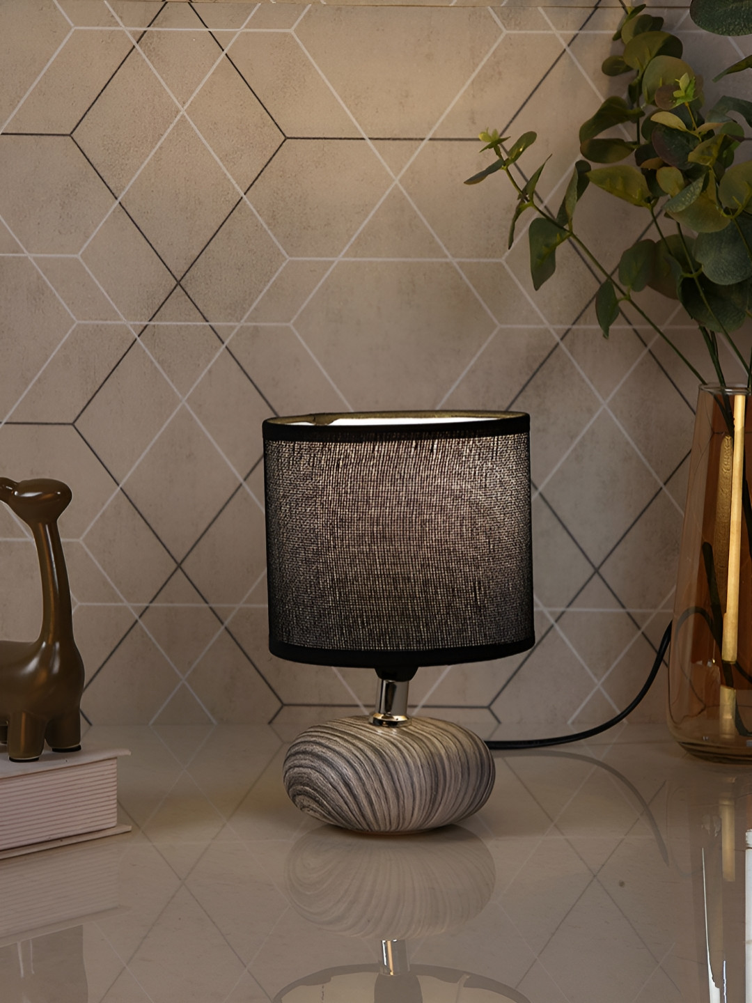 TAYHAA Warm Yellow Ceramic Cylinder Printed High Quality Electrical Table Lamps