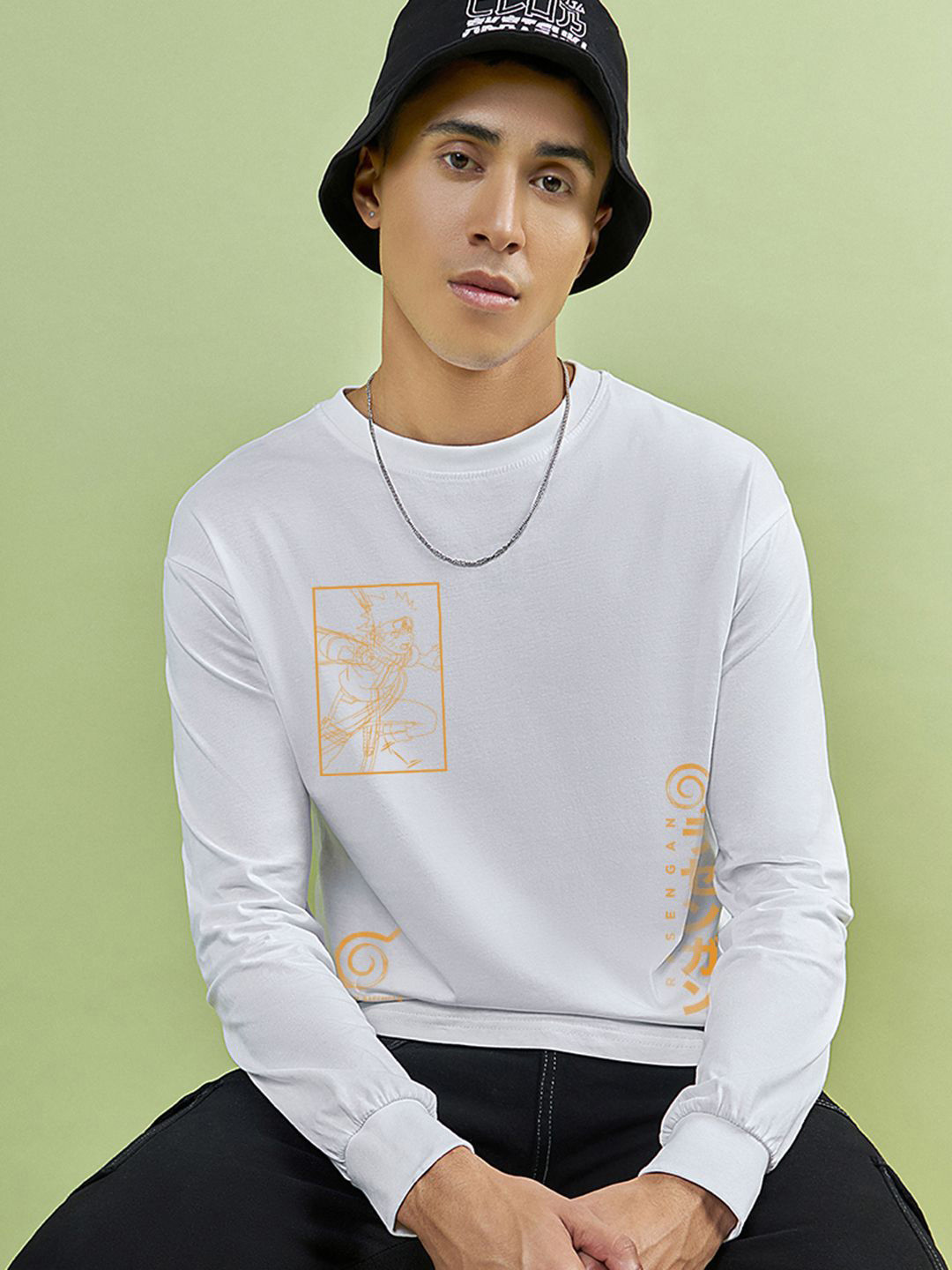 Men's White Naruto Graphic Printed Regular Fit T-shirt