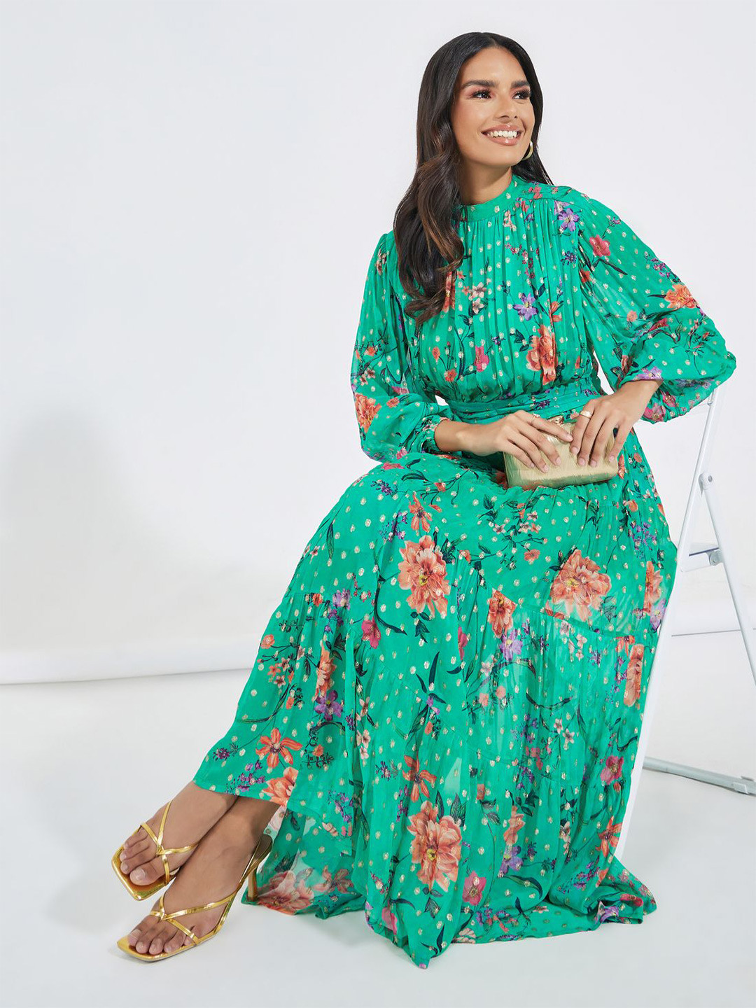 Styli Women Floral Printed High Neck Volume Sleeve Gathered A-Line Maxi Dress