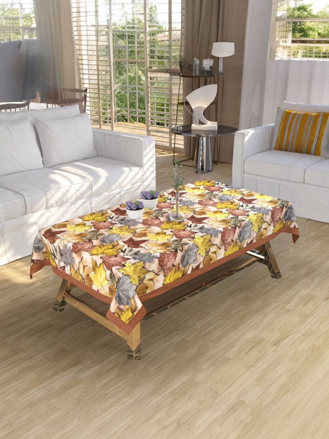 BIGGER FISH Brown and Yellow Floral Printed Velvet 4-Seater Table Cover