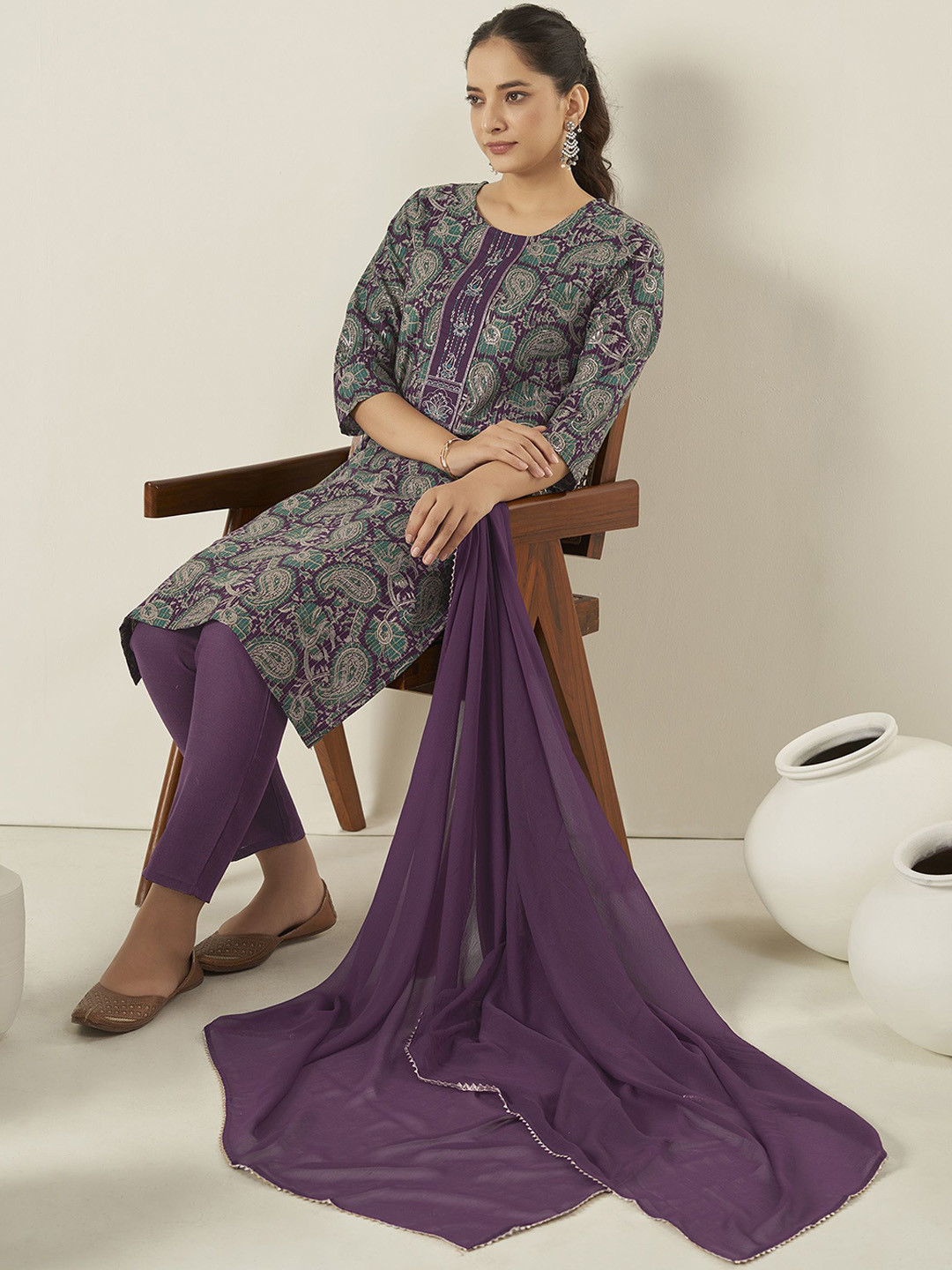 Anouk Rustic Violet Paisley Printed Thread Work Straight Kurta with Trousers & Dupatta