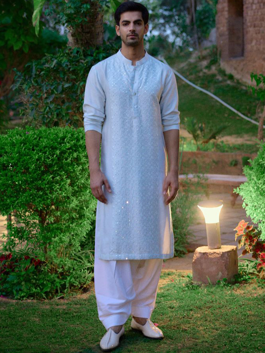 Ankit V Kapoor Floral Embroidered Mandarin Collar Mirror Work Kurta with Salwar