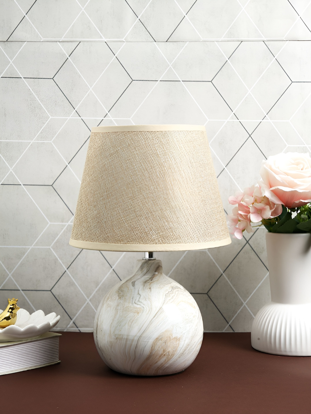 TAYHAA Beige & Off White Ceramic Industrial Frustum Shaped Table Lamp