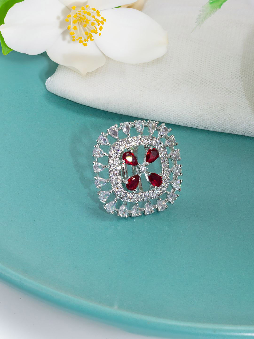 PRIVIU Rhodium Plated American Diamon Stone-Studded Square Adjustable Finger Ring