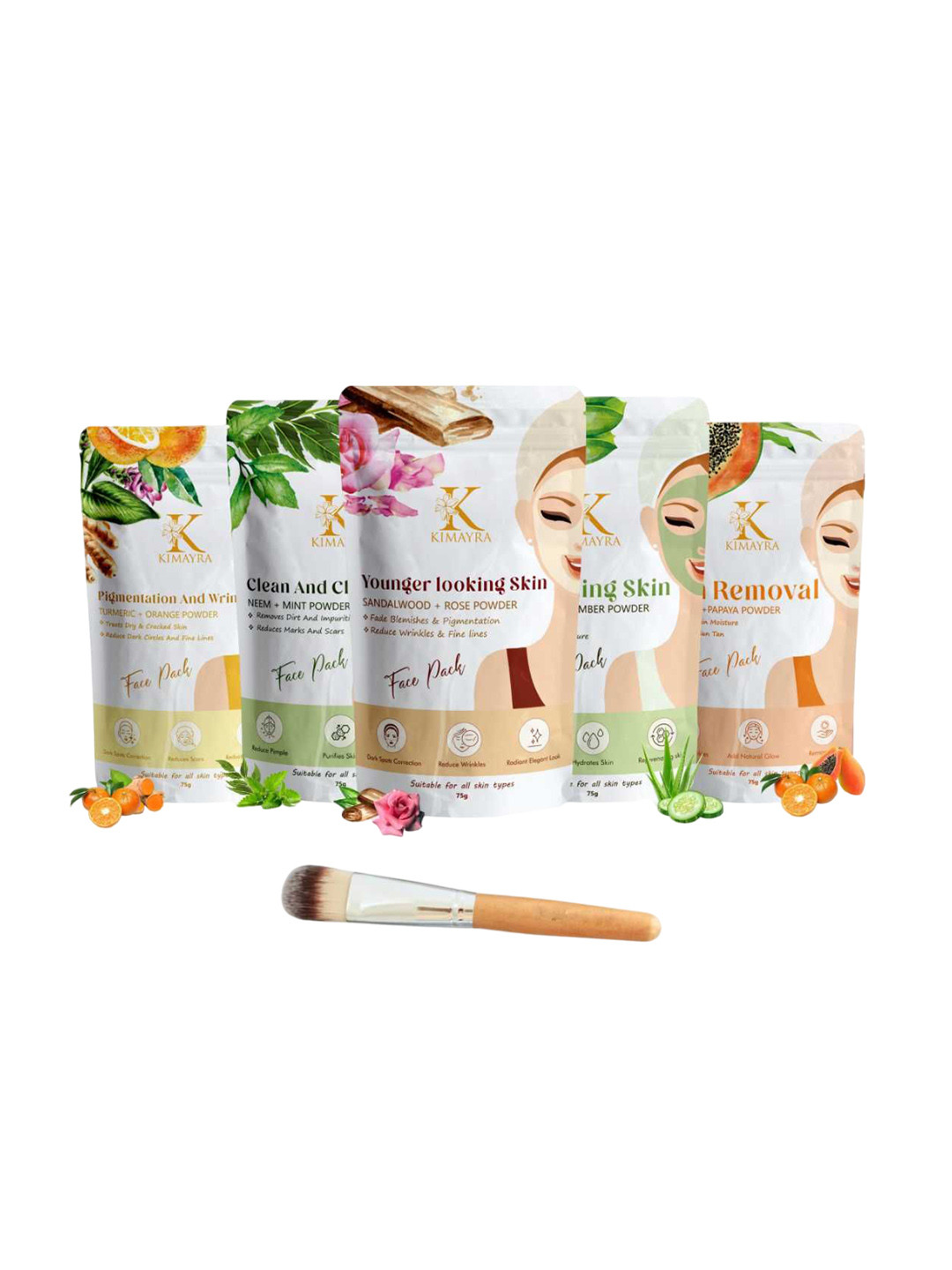 Kimayra World Set Of 5 Turmeric, Neem, Rose, Cucumber & Papaya Powder Face Pack