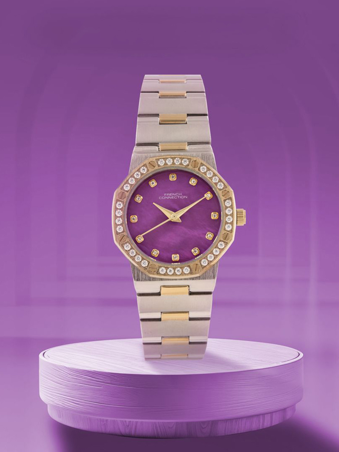 French Connection Women Embellished Dial & Stainless Steel Bracelet Style Straps Analogue Watch FCH13TM-P