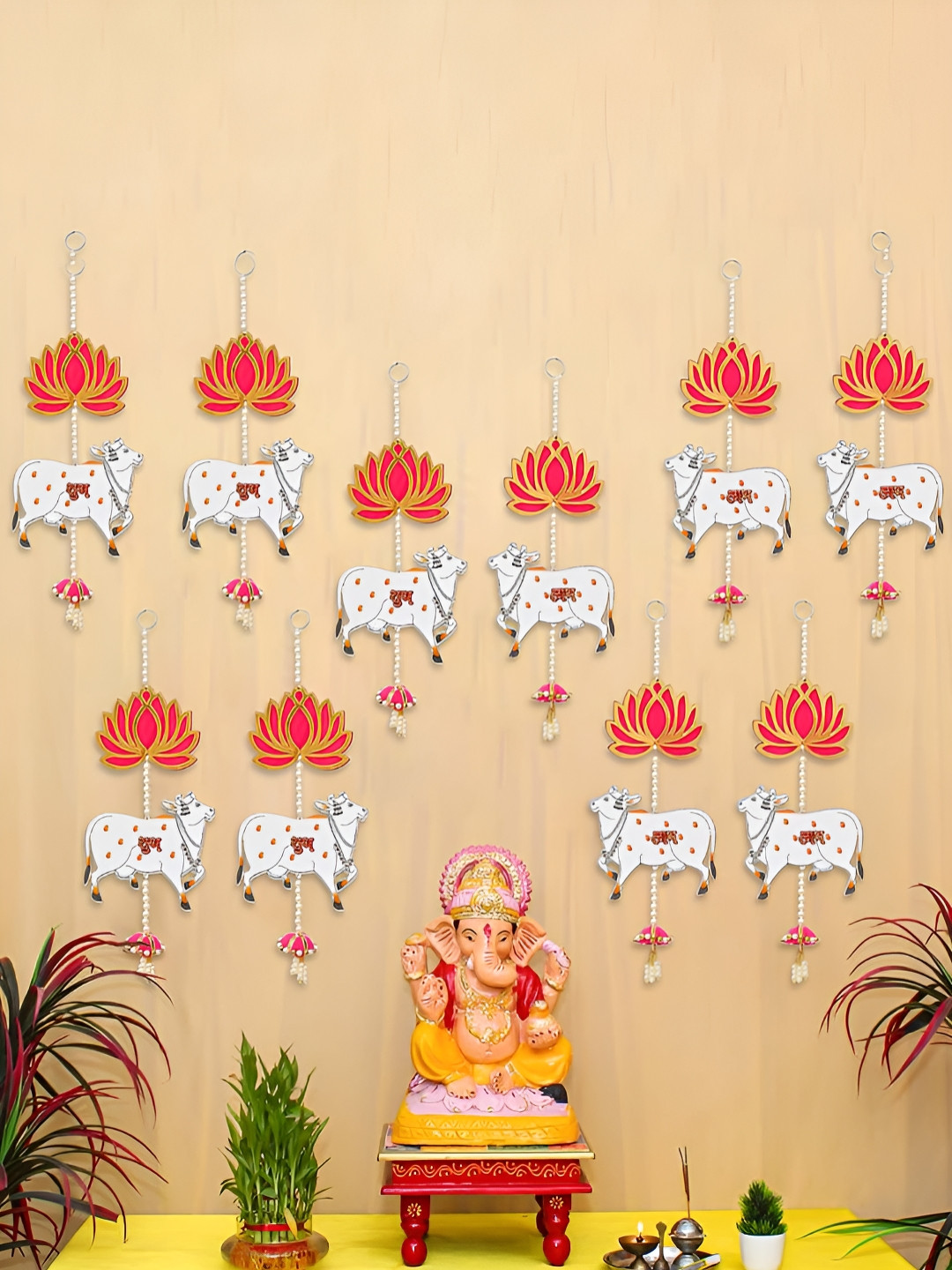 eCraftIndia Gold-Toned & White 10 Pieces Lotus Cow Shubh Labh Hanging Festive Decor