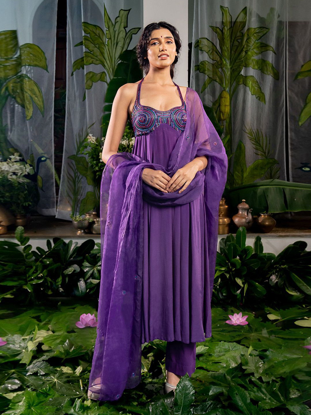 Baise Gaba Beads and Stones U-Neck Silk Crepe Kurta With Trousers & Dupatta