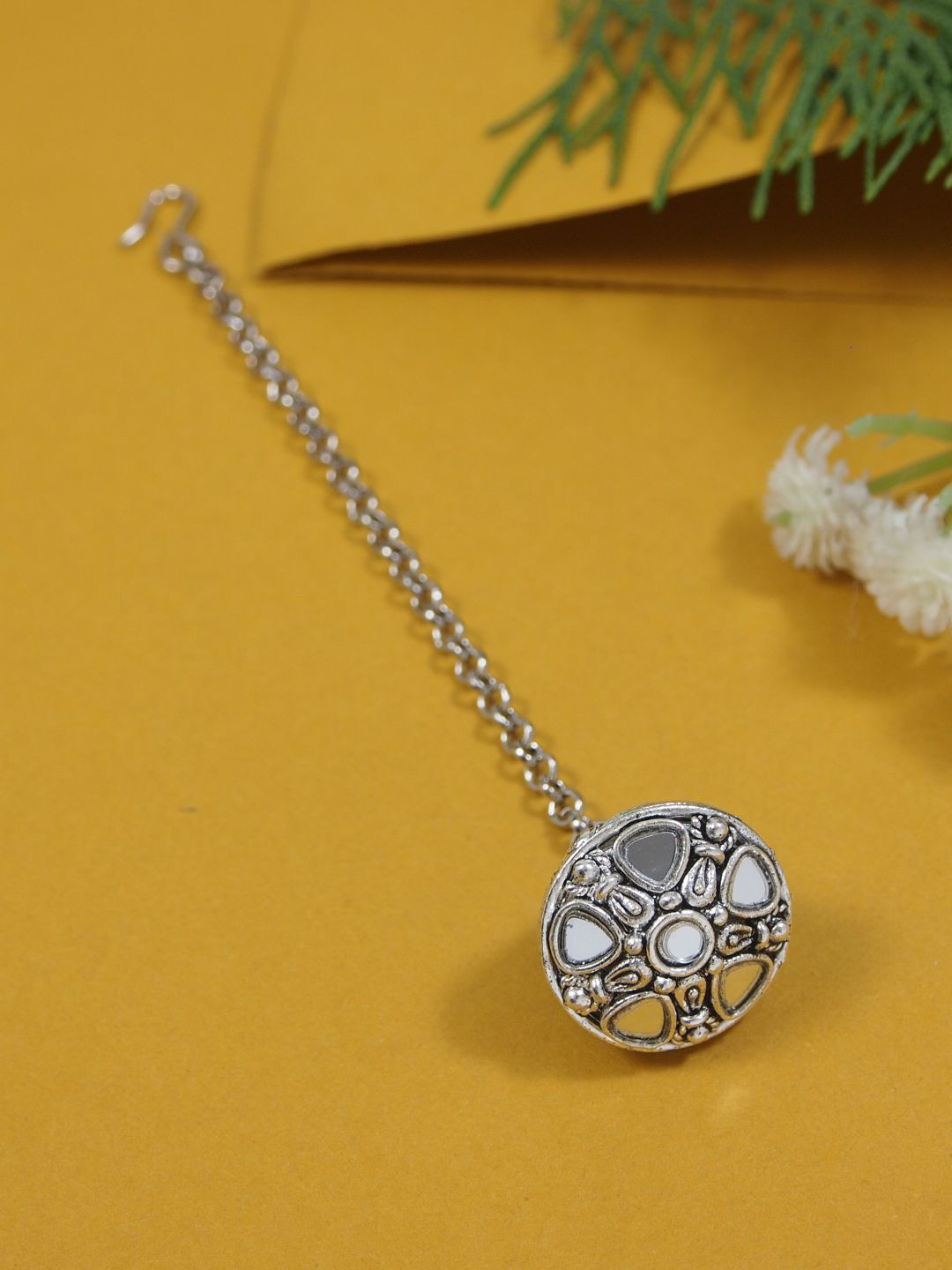 I Jewels Silver-Plated Ethnic Textured Oxidised Mirror Work Maang Tikka