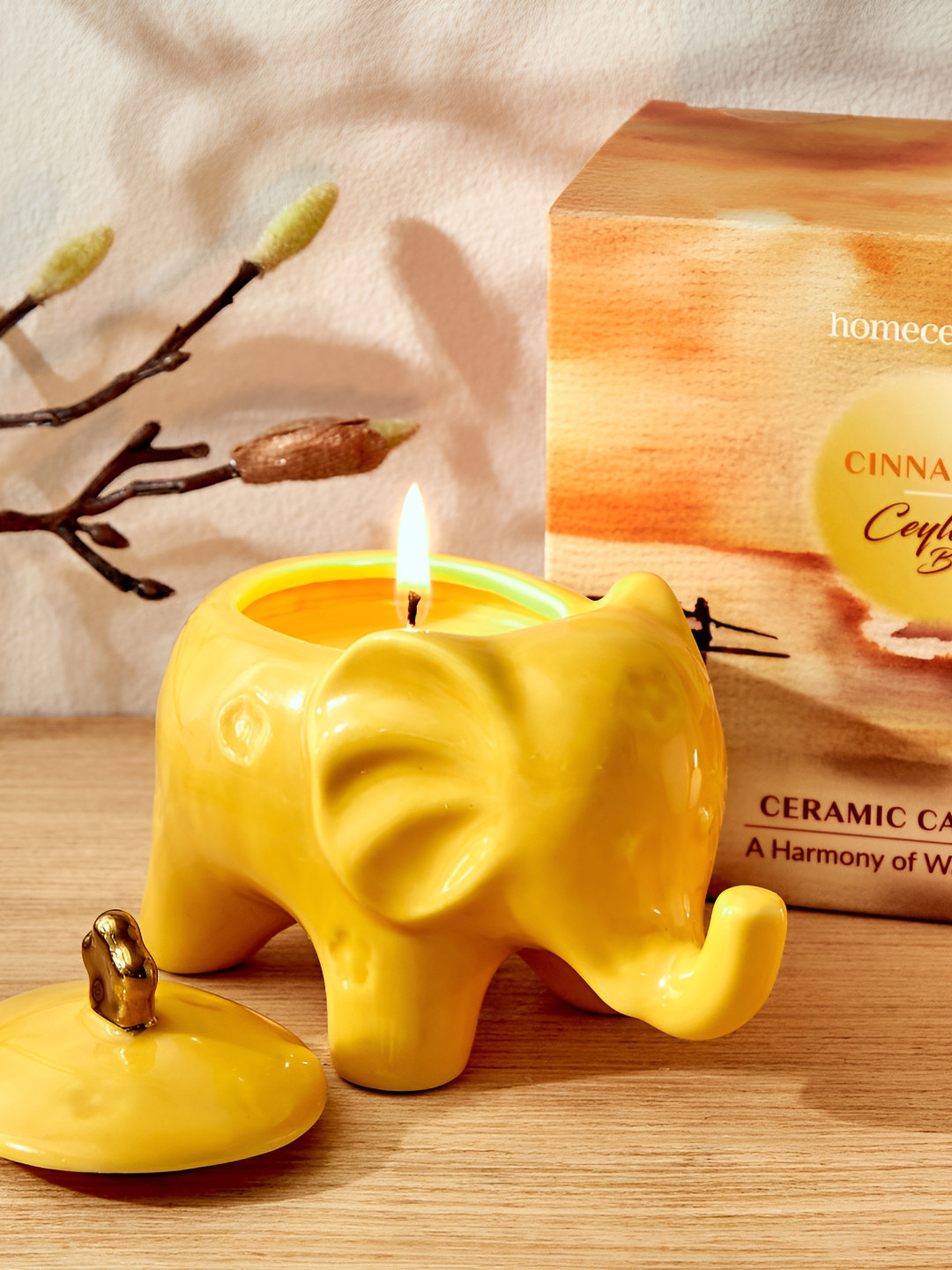 Home Centre Redolence  Yellow Ceylon Brew Cinnamon Scented Ceramic Jar Candle