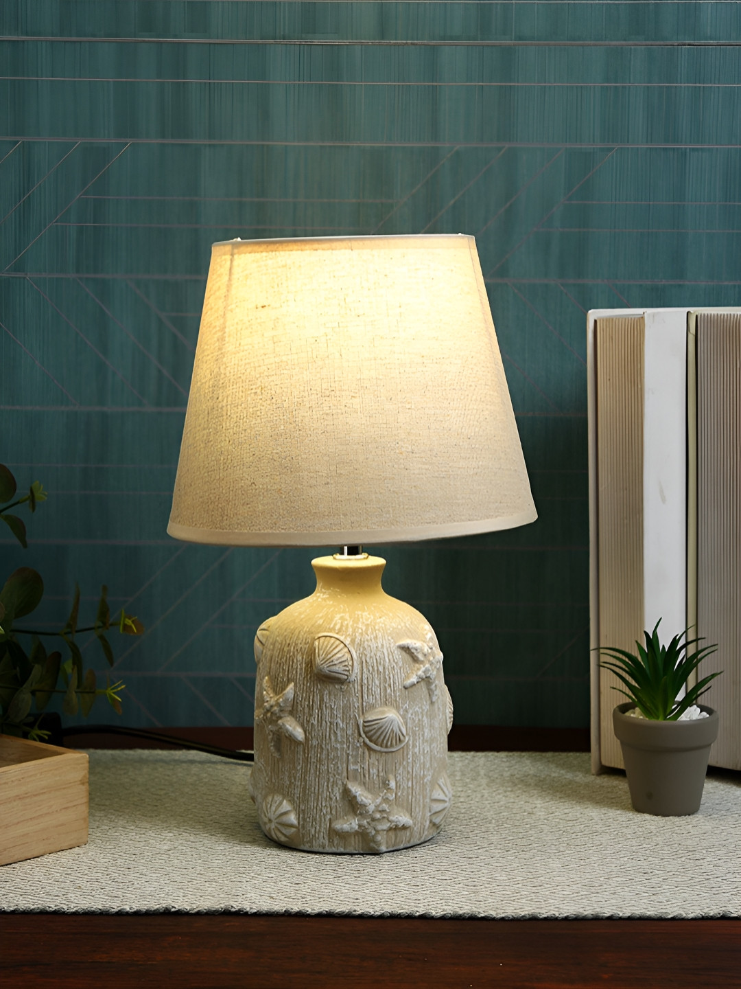 TAYHAA Cream & Beige Textured Ceramic Contemporary Frustum Shaped Table Lamp